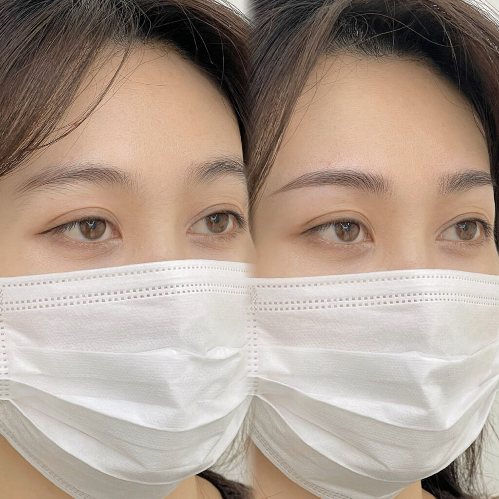 Powder brows Seoul before and after at MALJANE showing soft ombre eyebrow tattoo with a natural makeup look